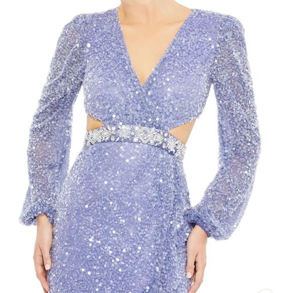 Mac Duggal 5745 Womens Sequined Faux Wrap Cut Out Puff Sleeve Gown Dress - Picture 3 of 16